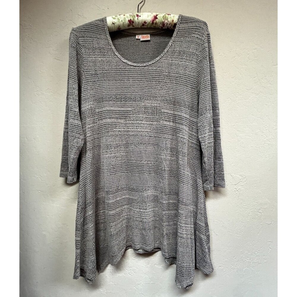 Tianello Women Swing Blouse Top Houndstooth Sharkbite Hem 3/4 Sleeve Medium Gray